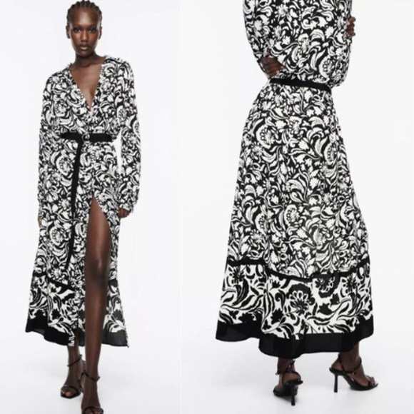 Zara Floral Printed Button Front Maxi Shirt Dress Black White Women's Size XL - Picture 1 of 7